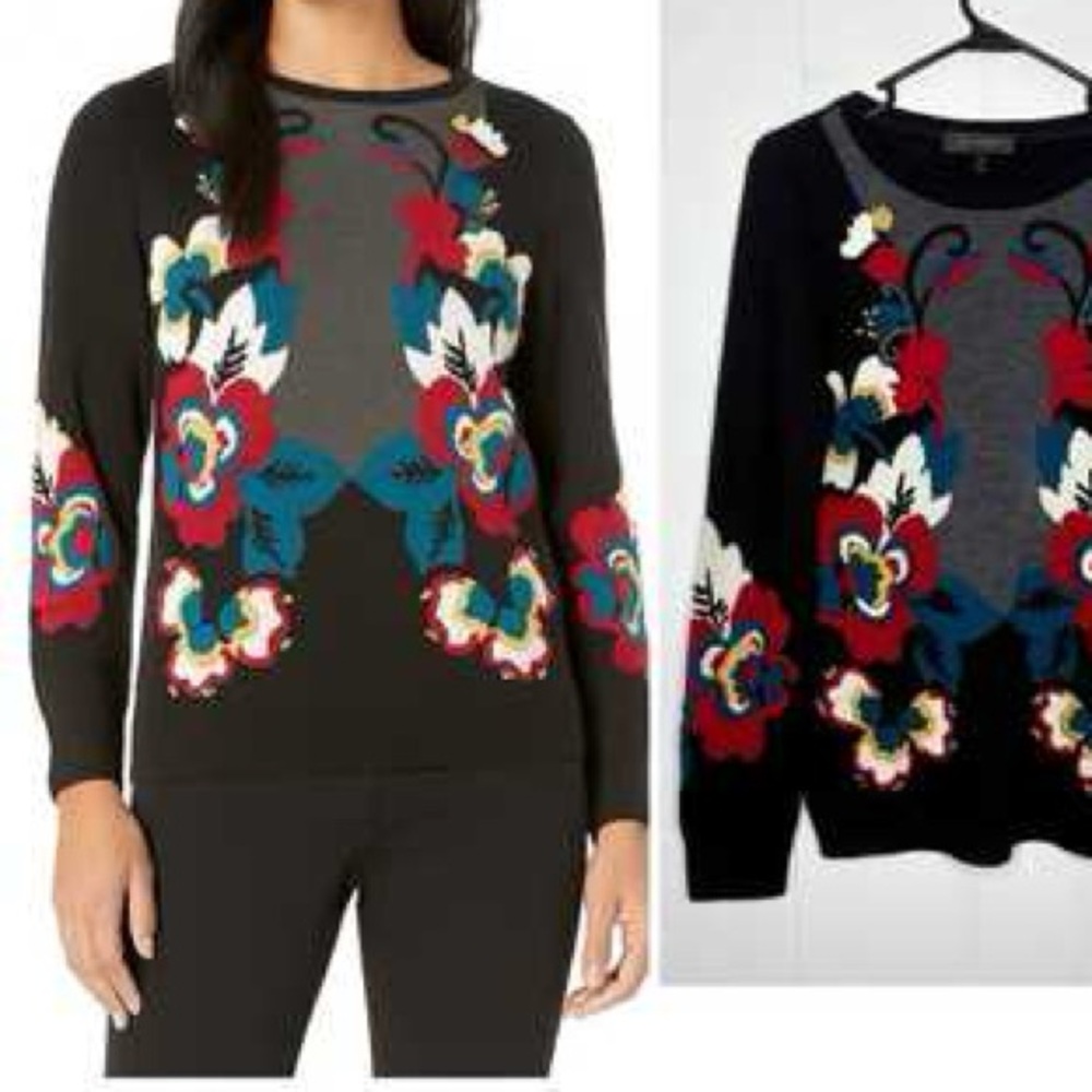 St. John Collection 100% Merino Wool Floral Knit Sweater Black Red Blue